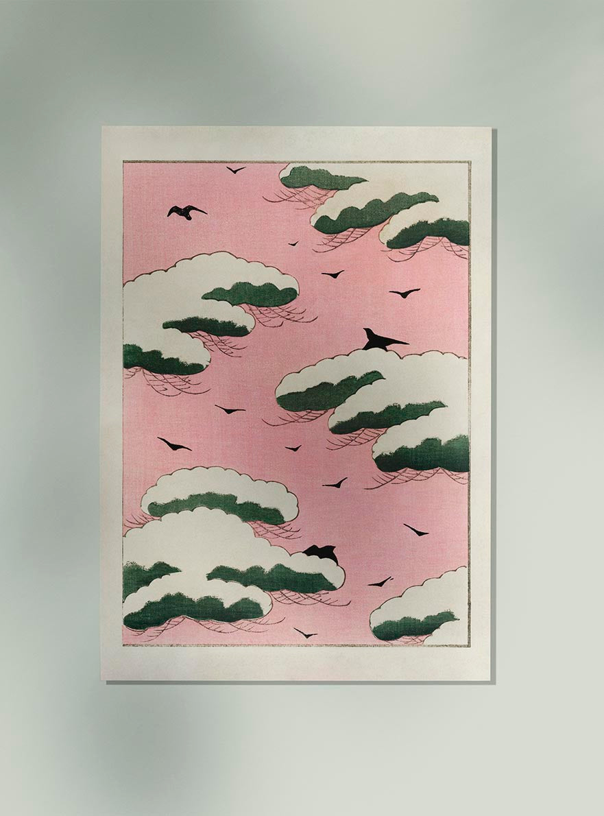 Pink Sky and Birds by Watanabe Seitei