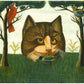 Vintage cat folk art print | Cat & birds in landscape | Americana art painting | Primitive, naive wall art | Antique animal wall decor