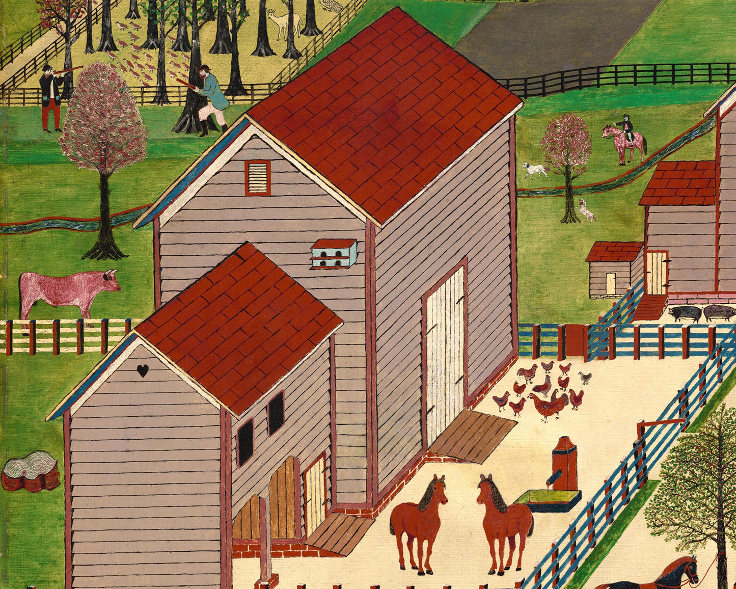Americana folk art | Mahantango Valley Farm | Vintage farm wall art | Antique small town landscape | Cows, horses, birds, chickens, hunting