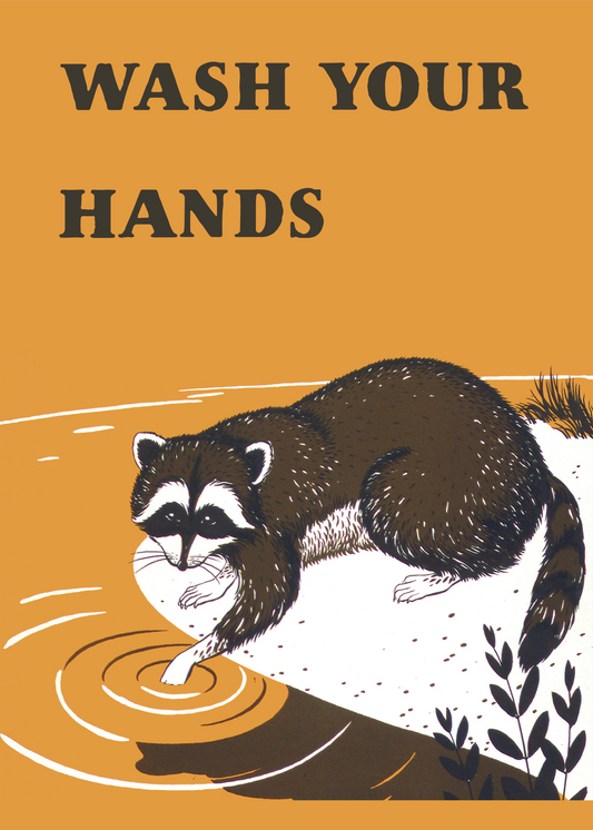 Vintage hygiene advertising | Wash your hands | Bathroom, Kitchen wall art | Raccoon, woodland animal | Public health |