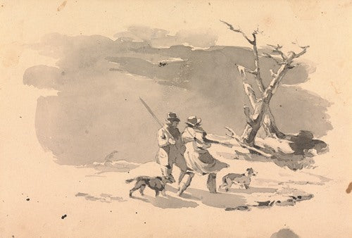 Two Hunters and Two Dogs in Winter Scene