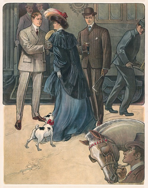 Woman with dog and two men watched by man with horse in foreround (1903)