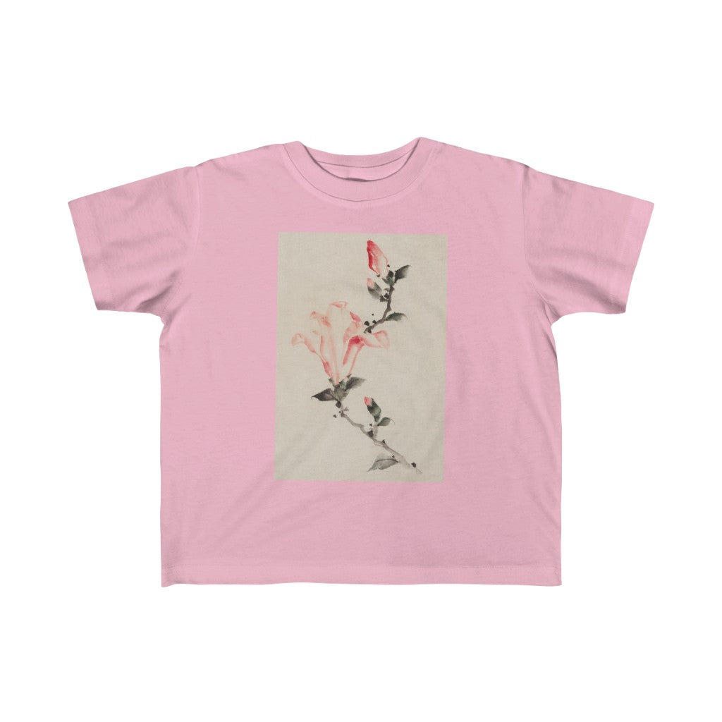 large pink blossom on a stem with three additional buds by katsushika hokusai