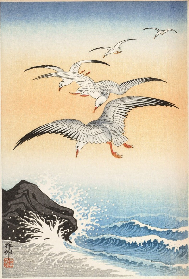 Five seagulls above turbulent sea by Ohara Koson