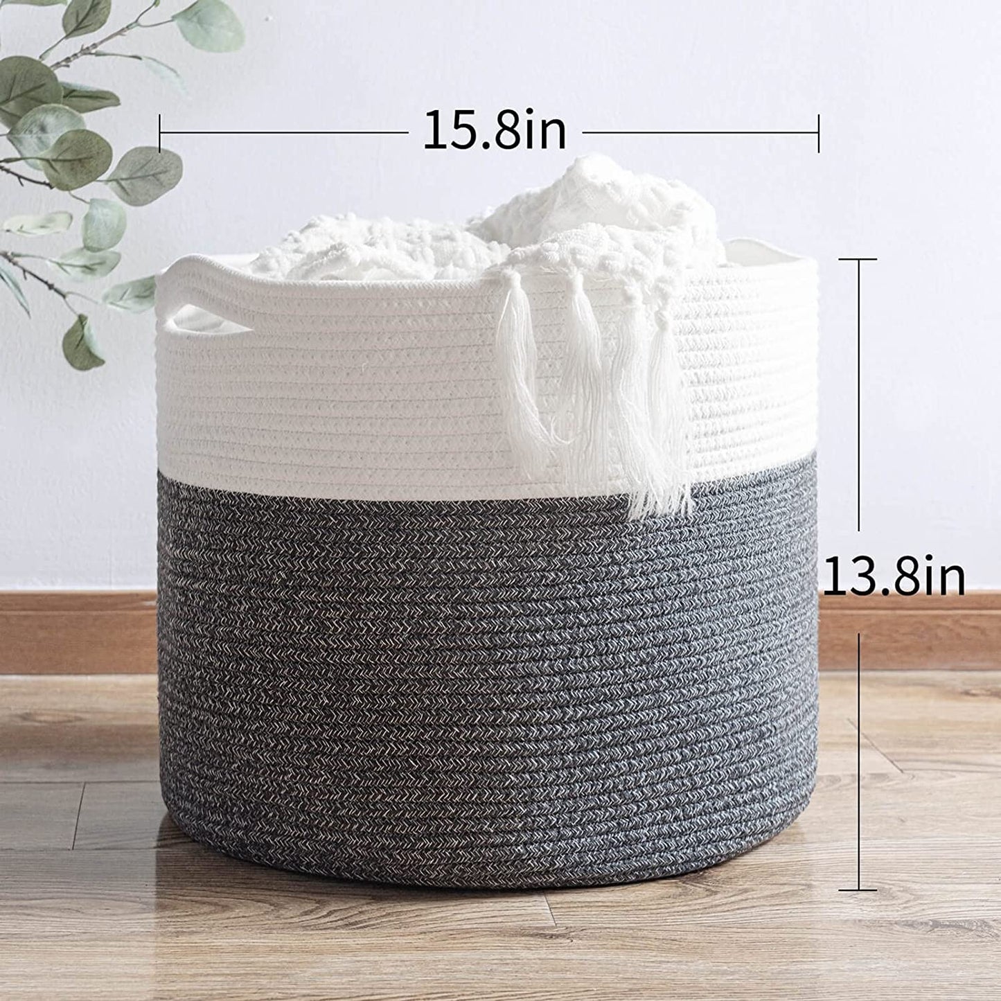 Gray and White Rope Basket, Large - 15.8"x15.8"x13.8"