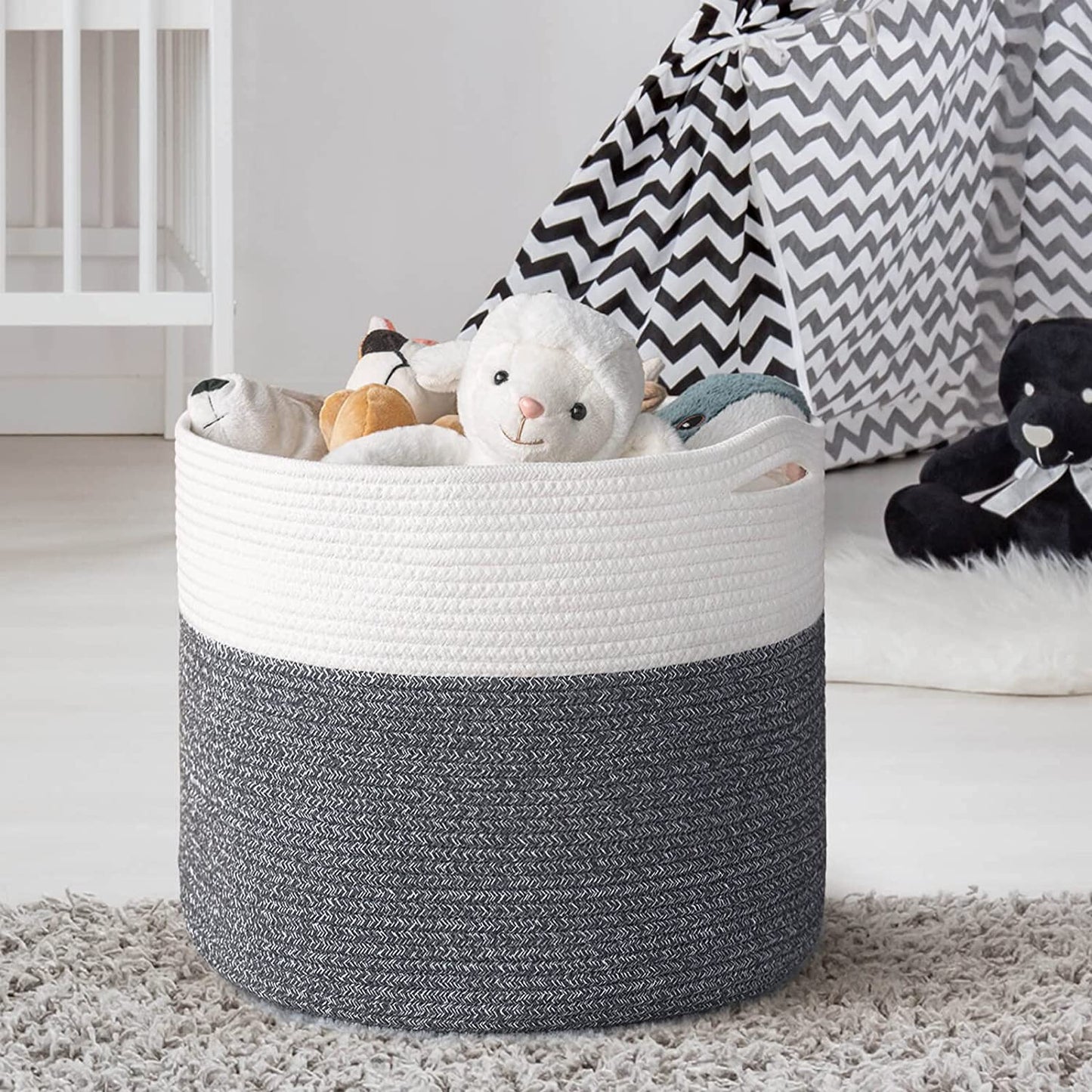 Gray and White Rope Basket, Large - 15.8"x15.8"x13.8"