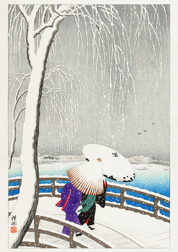Two women in the snow on Yanagi Bridge by Koson