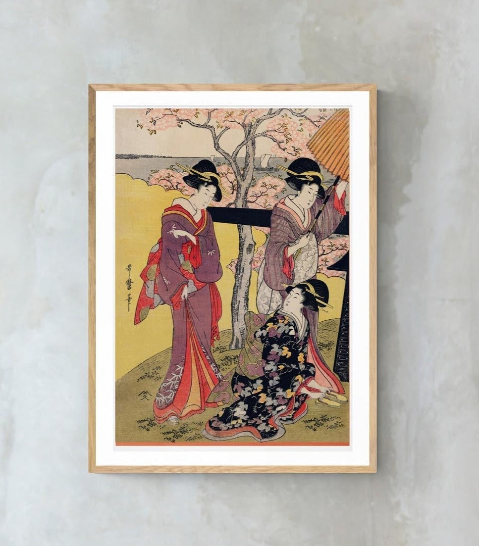 Gotenyama no Hanami Hidari (3 Geishas at Cherry Blossom Garden) by Utamaro Kitagawa