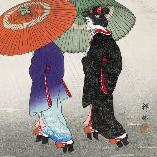 Two Women in the Rain by Ohara Koson