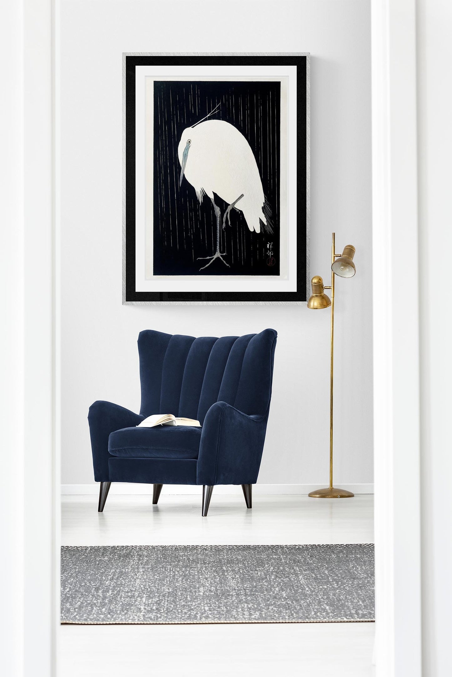 Egret in the rain / White Heron in Dark Snow by Ohara Koson