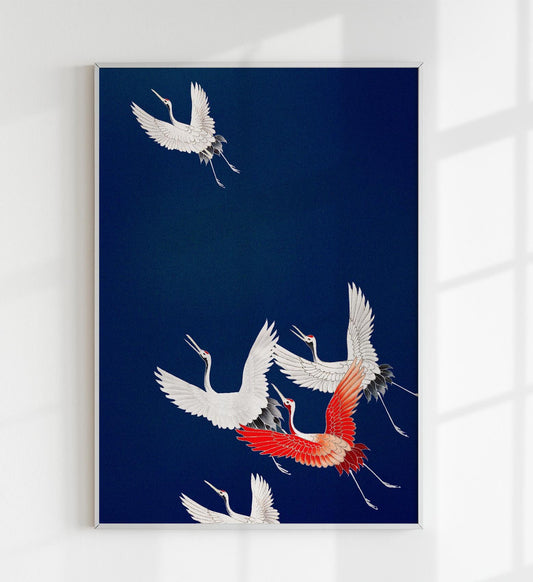 Cranes in Blue Japanese Art Poster