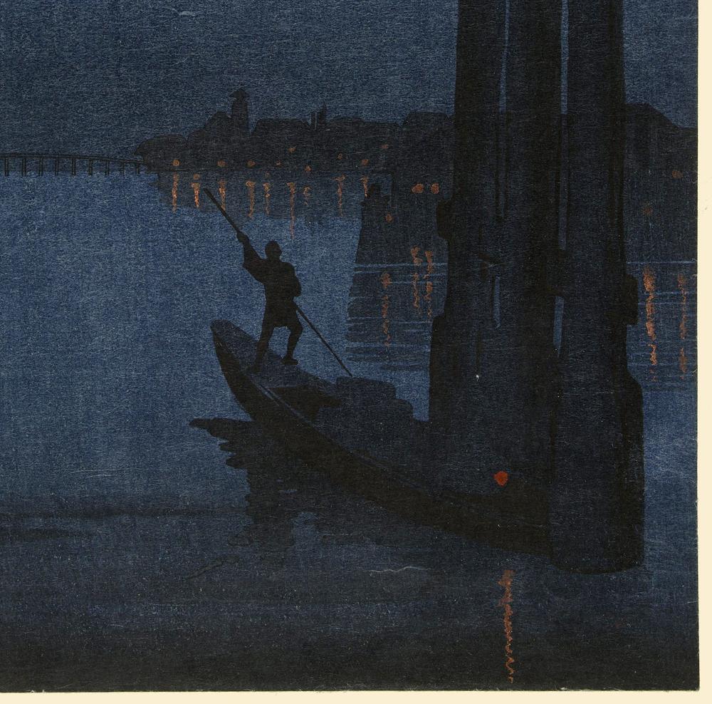 Boat under the bridge at night Poster
