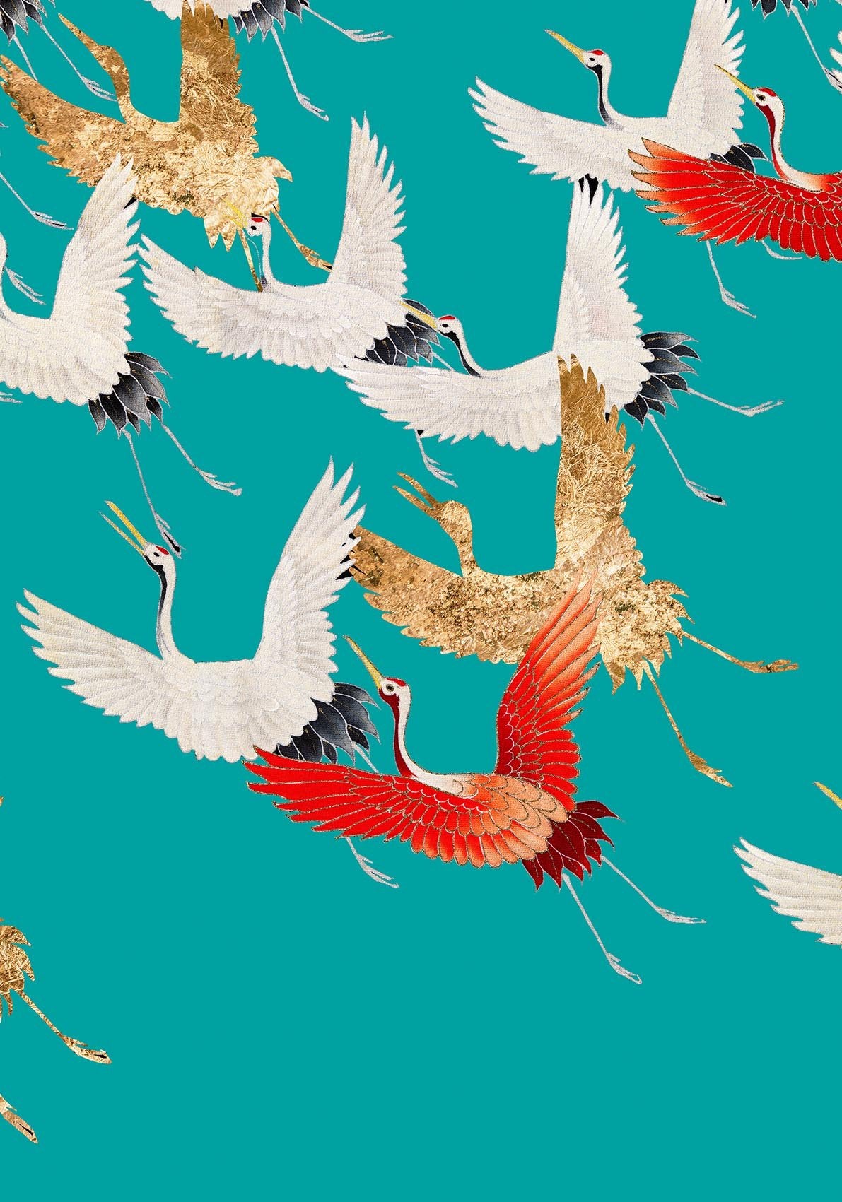 Cranes in the Sky Cyan Japanese Art Poster