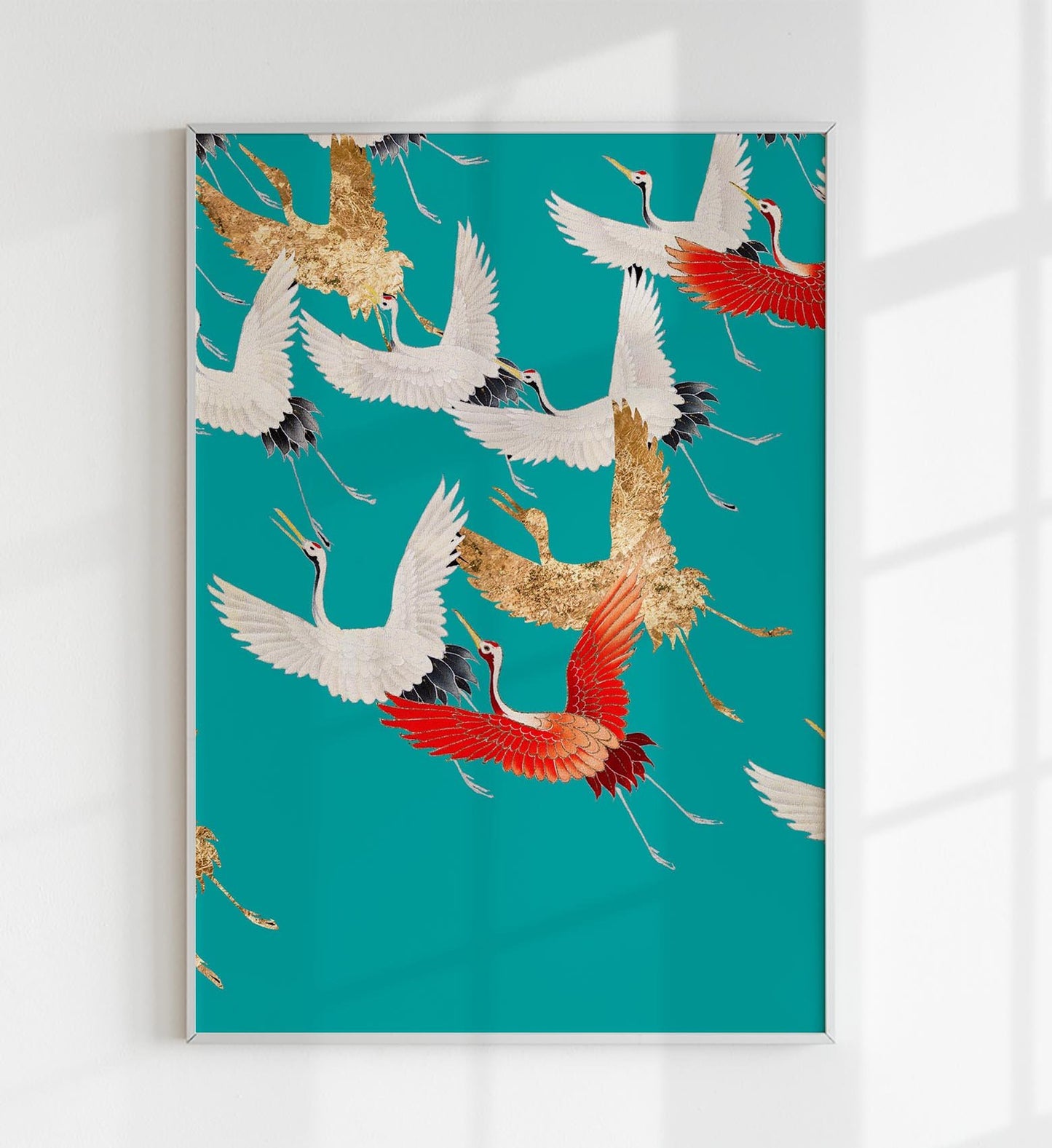 Cranes in the Sky Cyan Japanese Art Poster