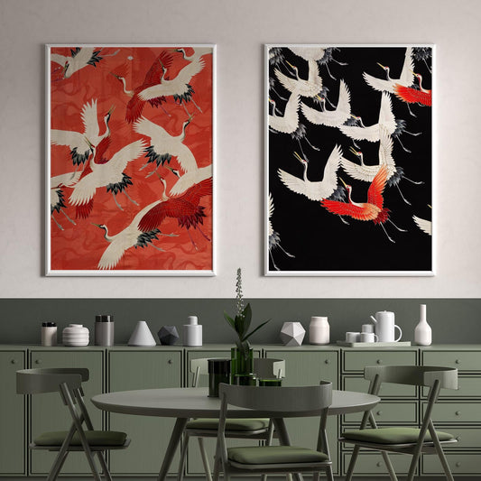 Red Cranes White Cranes Set of 2 Prints