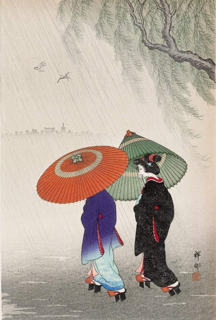 Ohara Koson Poster, Japanese Wall Art, Vintage Poster, Retro Art, Two Woman in the rain, HIGH Quality Archival Paper, Large Sizes