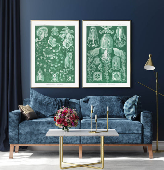 Green Sea Creatures by Haeckel Set of 2 Prints