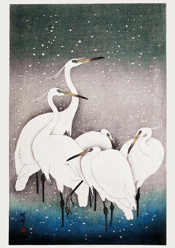 5 White Egrets in the snow by Koson