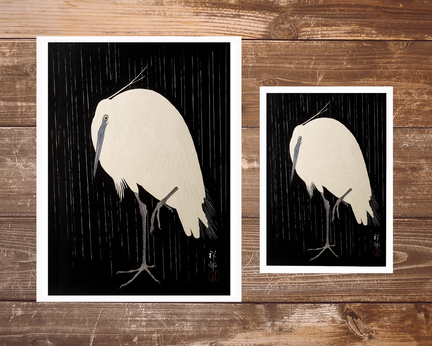 Vintage egret fine art print | Bird in rain | Japanese art | Art nouveau animal woodcut | Ohara Koson | Animal wall art