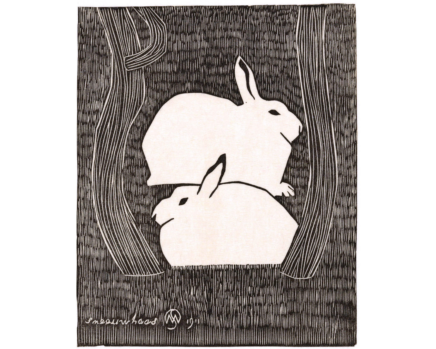 Vintage rabbit fine art print | 2 Snow hare | Art nouveau animal woodcut | Woodblock wall art | Samuel Jessurun de Mesquita