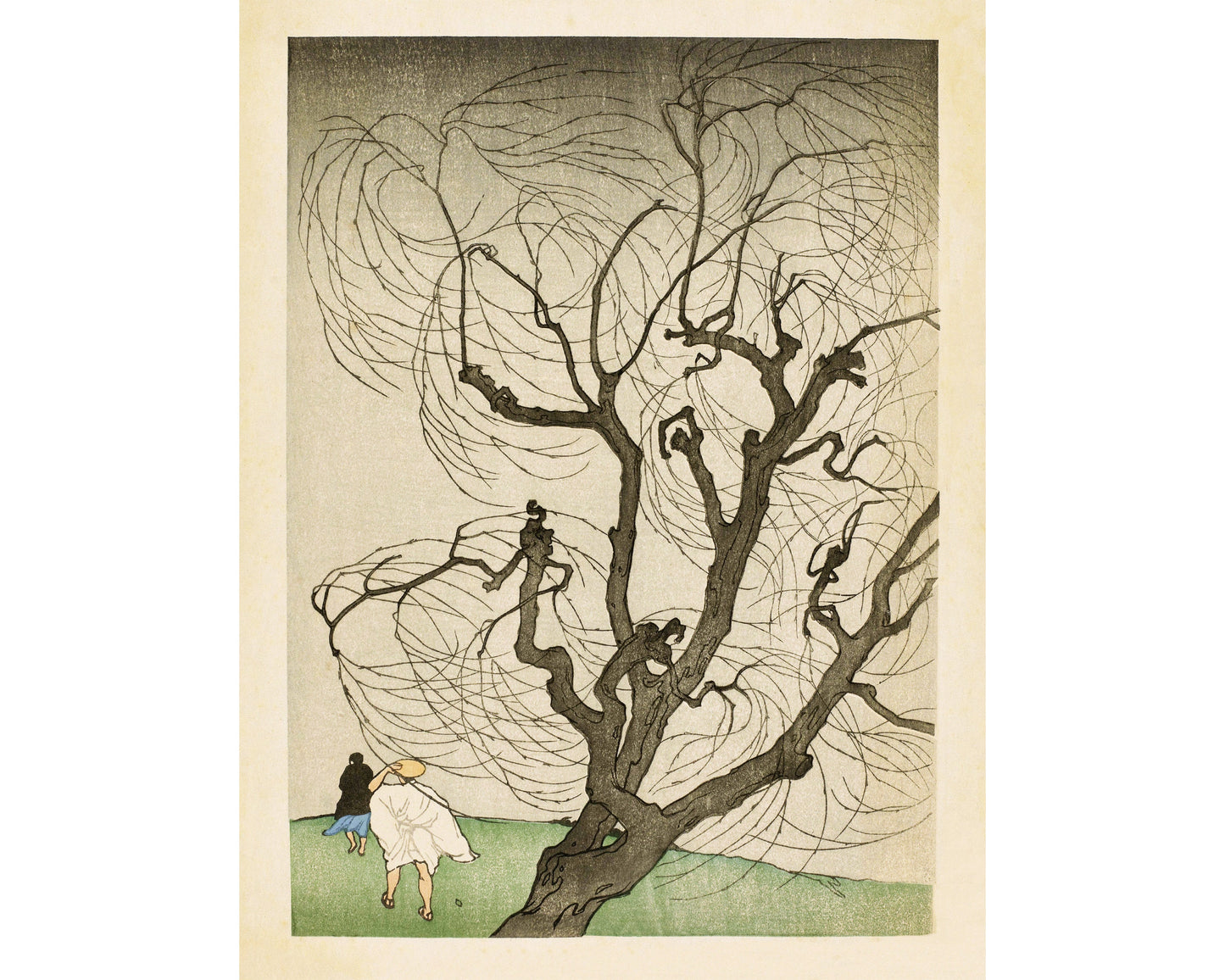 Whimsical tree art | Tree in the wind | Giclée fine art print | Woodcut Nature art | Woodblock wall art | Emil Orlik