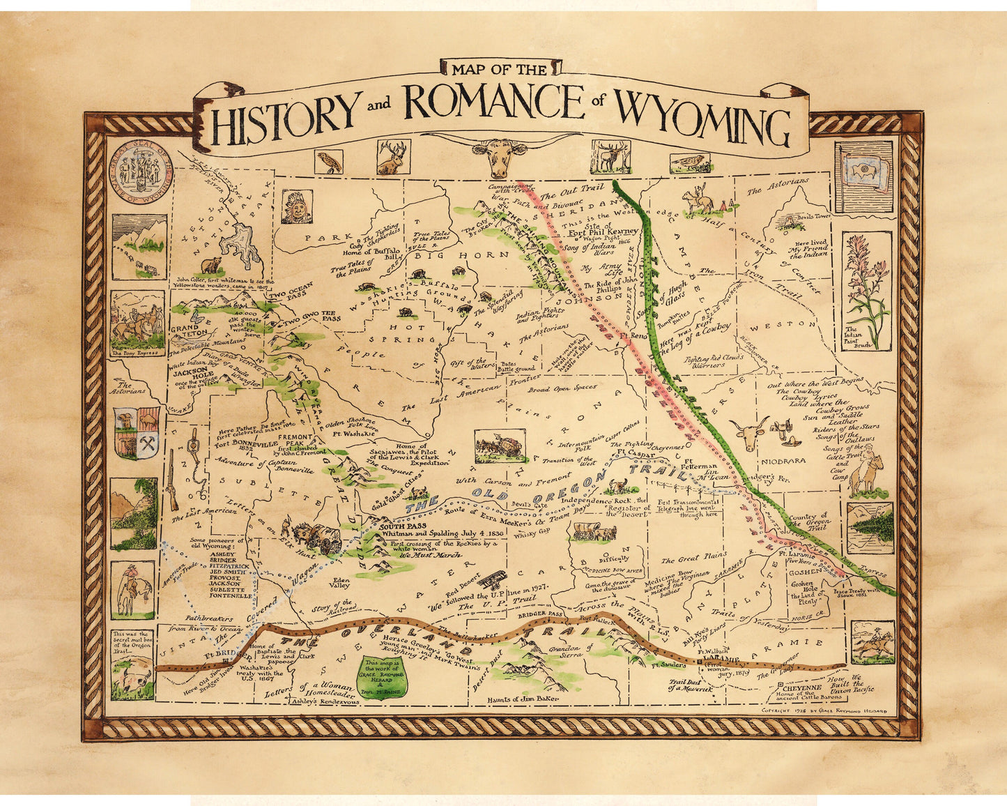 Vintage Wyoming map | History and romance of Wyoming | The Oregon Trail | Old West map | Modern vintage Decor