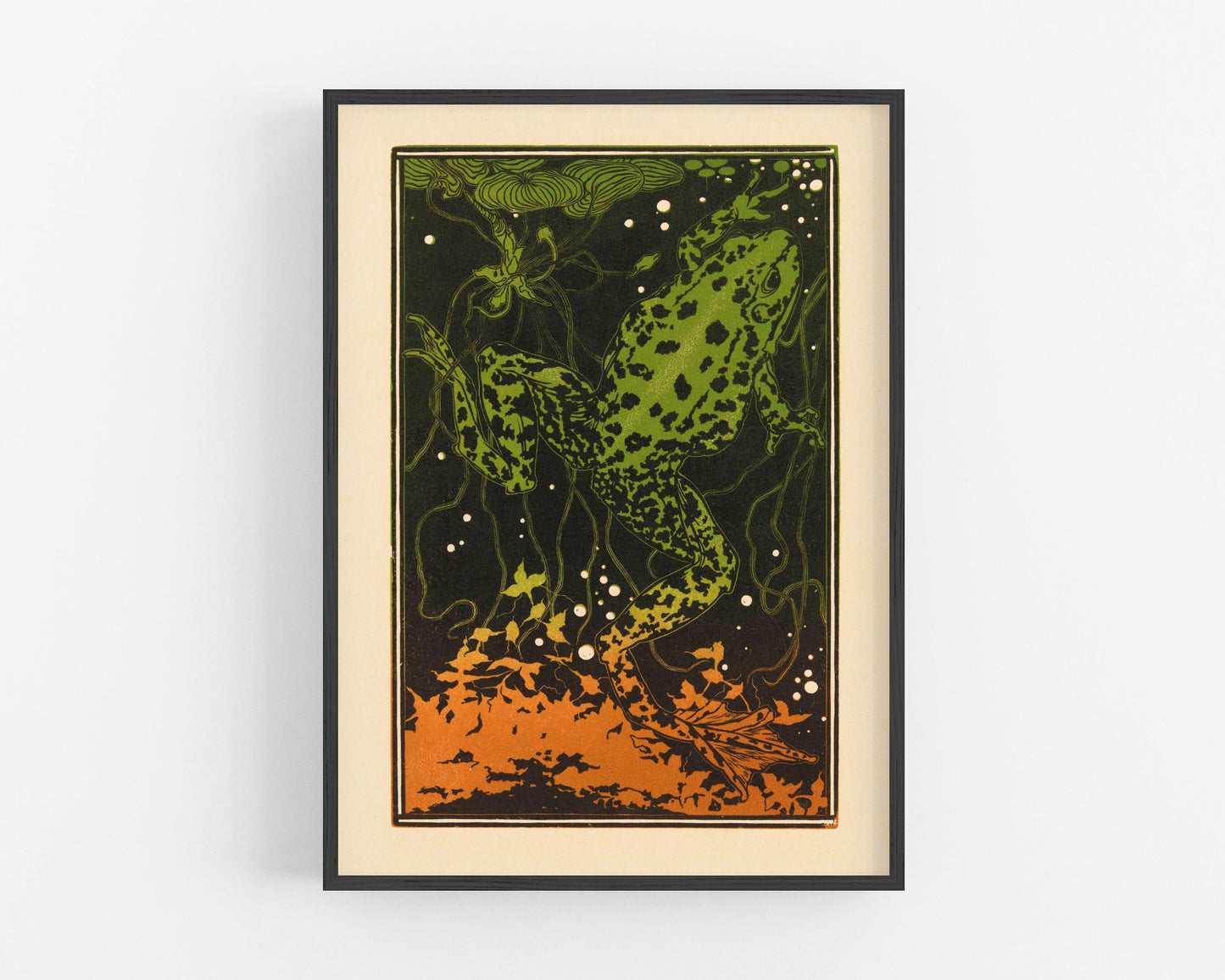 Vintage leopard frog fine art print | Swimming toad wall art | Julie de Graag color woodcut | Animal and Nature art | Eco-friendly