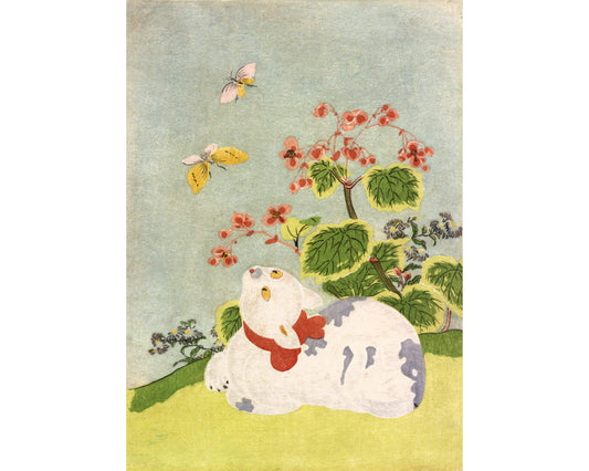 Vintage cat art print | Butterfly and Begonia | Antique Japanese animal painting | Modern vintage décor | Eco-friendly gift