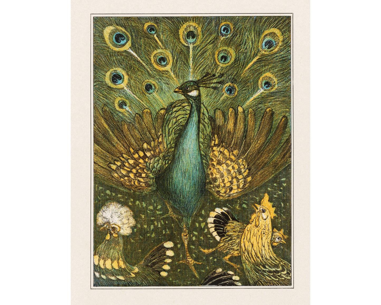 Vintage peacock and chickens painting | Giclée fine art print | Farm, animal and nature art | Modern Vintage decor | Eco-friendly gift