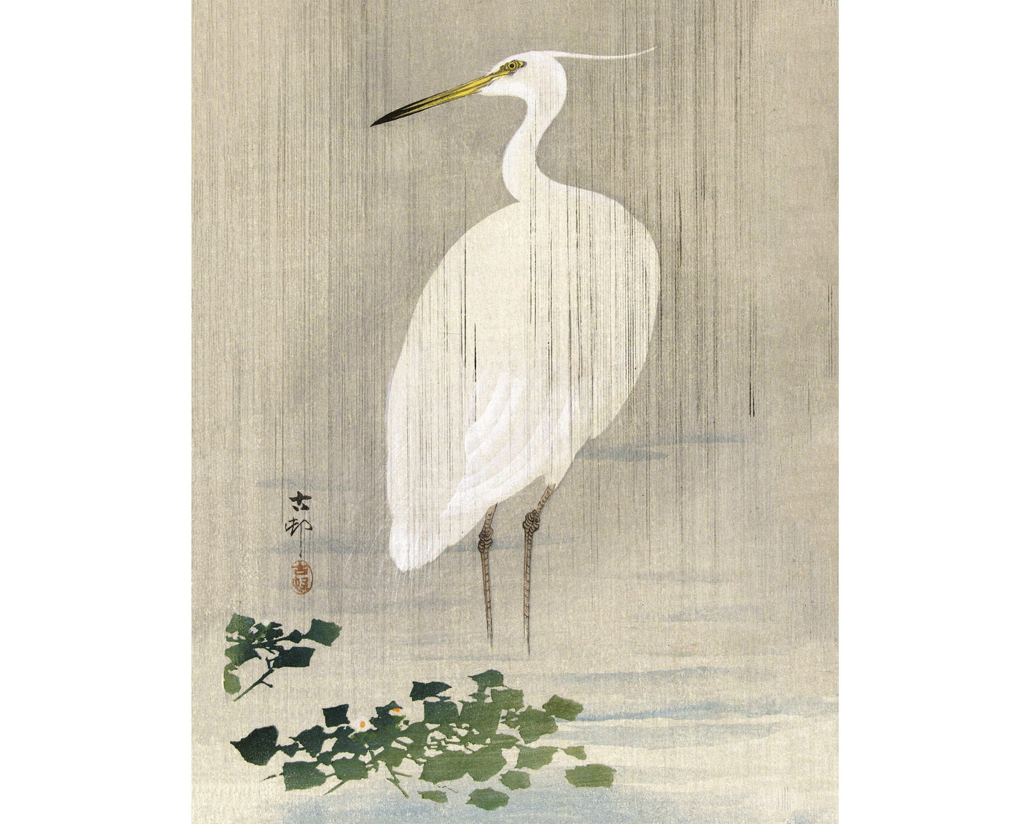 Vintage egret fine art print | Bird in grey rain | Japanese art | Art nouveau animal woodcut | Ohara Koson | Animal wall art