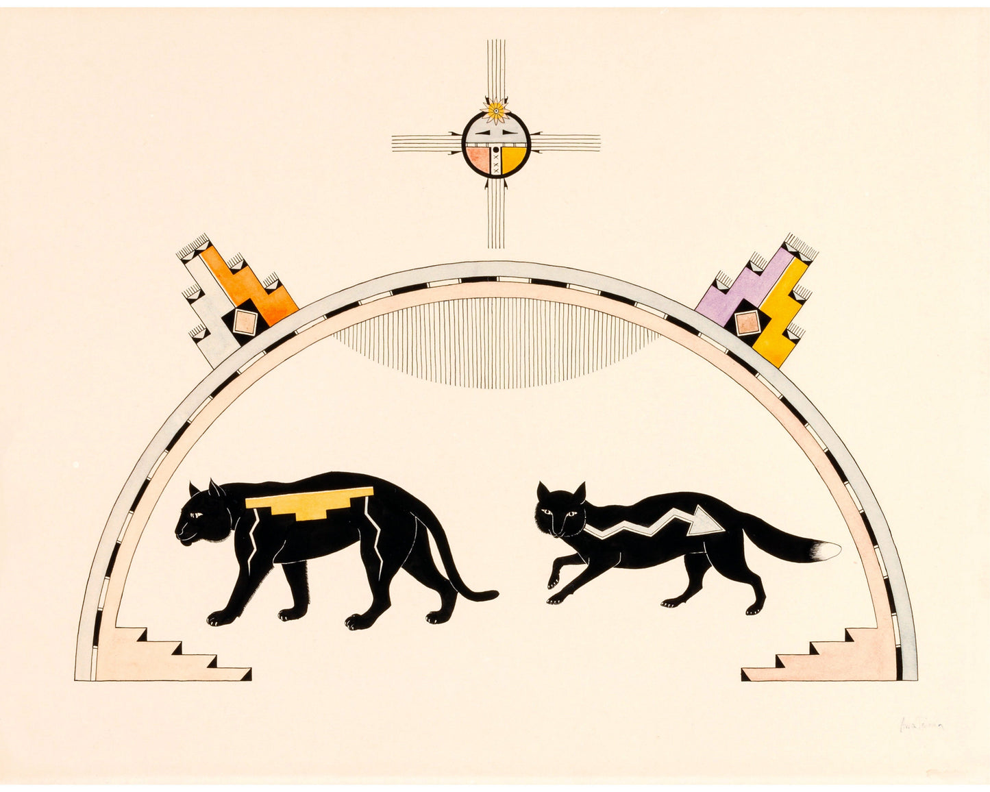 Vintage Awa Tsireh art print | Pueblo Indian black mountain lion and fox | Southwestern style painting | Eco-friendly gift