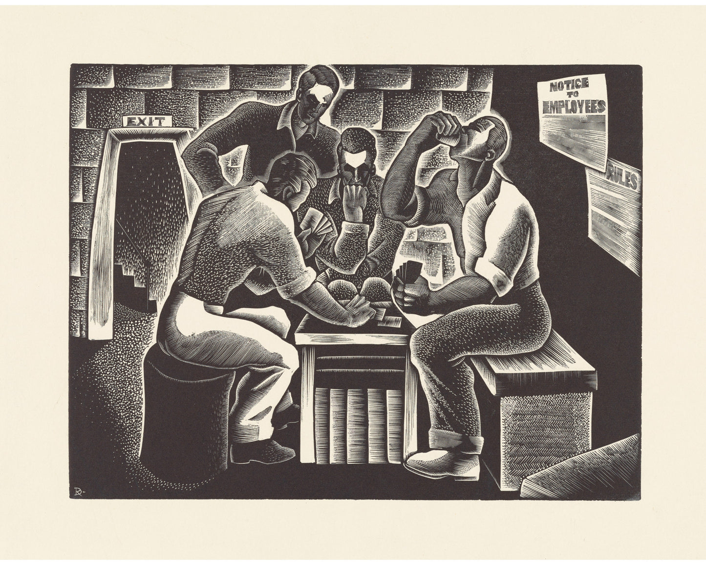 Men playing cards over lunch break | Noon game | African American art | Vintage wood cut | Living, game, work room decor | Eco-friendly gift
