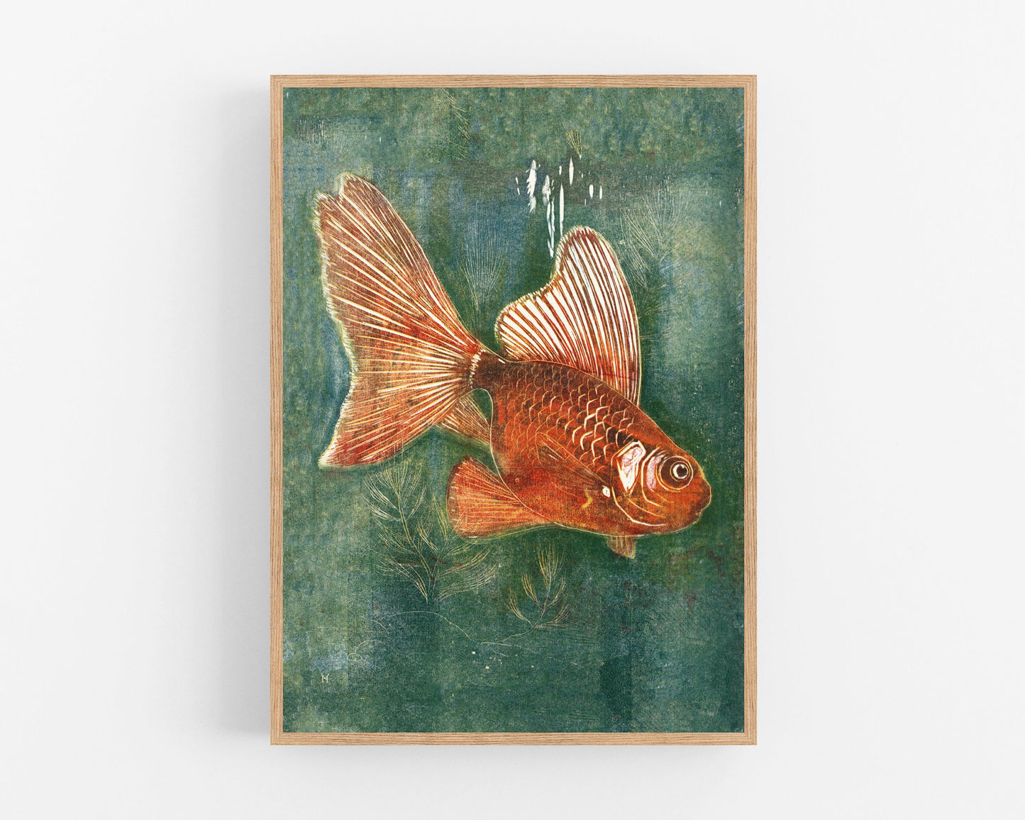 Vintage Veil Tale fish | Goldfish and aquarium wall decor | Color woodcut print | Art deco art | Giclée fine art print | Eco-friendly gift