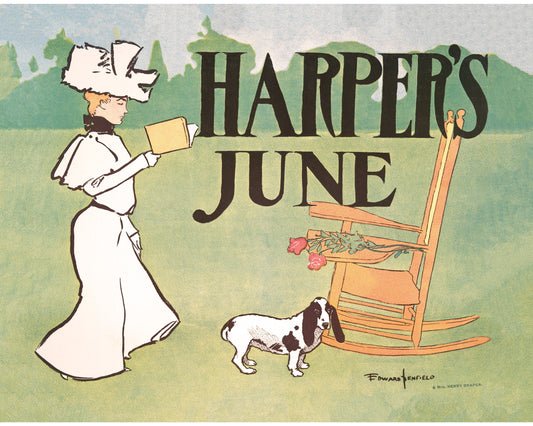 Vintage Harper's Bazaar cover | June | Woman and dog reading with roses and rocking chair | Giclée fine art print | Eco-friendly gift