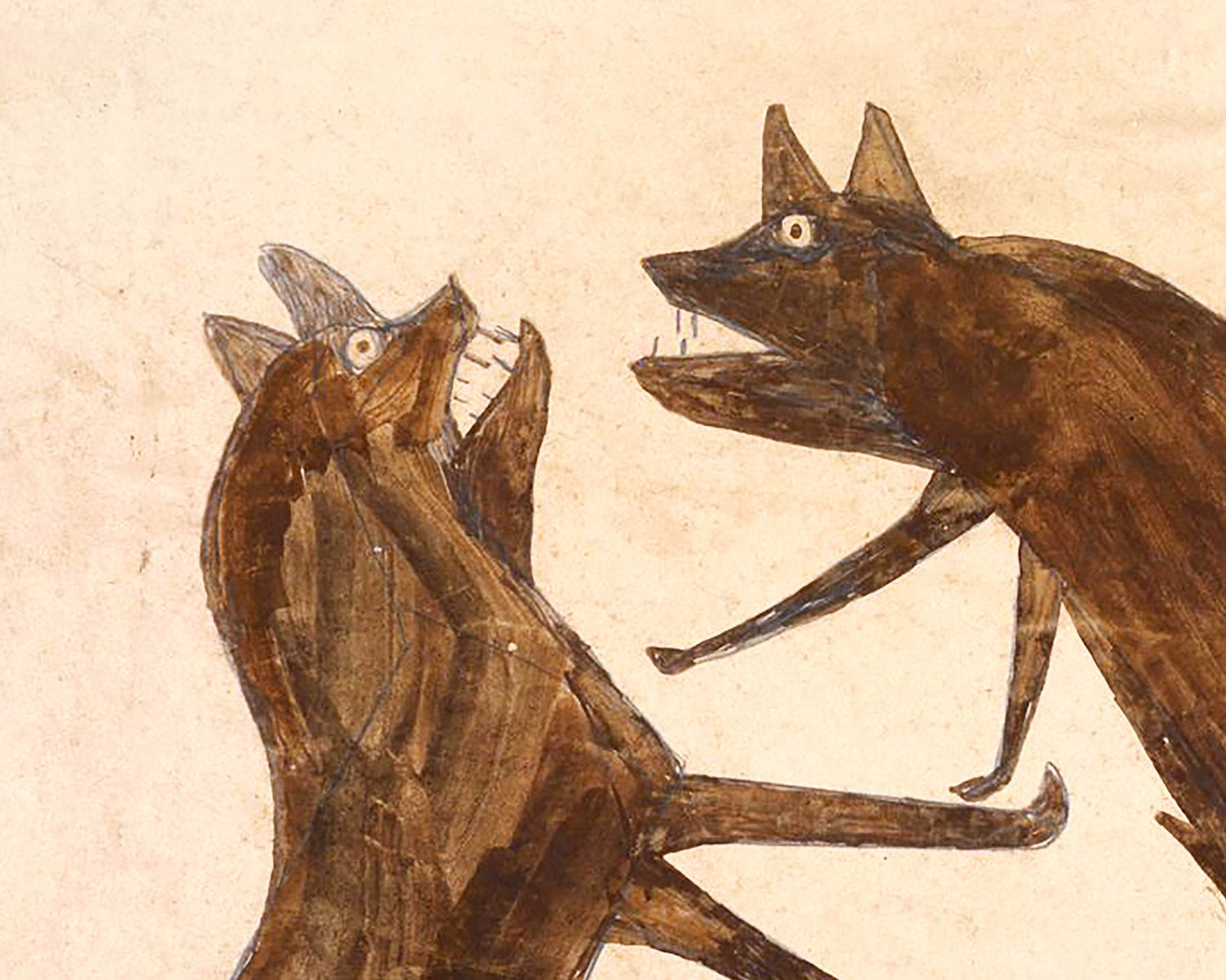 Bill Traylor Americana art | Two brown dogs fighting | Animal folk art | African American self-taught artist | Modern vintage wall décor