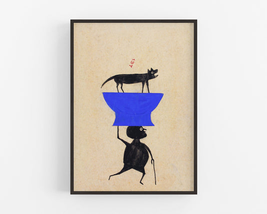 Bill Traylor Americana art | Man carrying dog or cat | Animal folk art | African American self-taught artist | Modern vintage wall décor