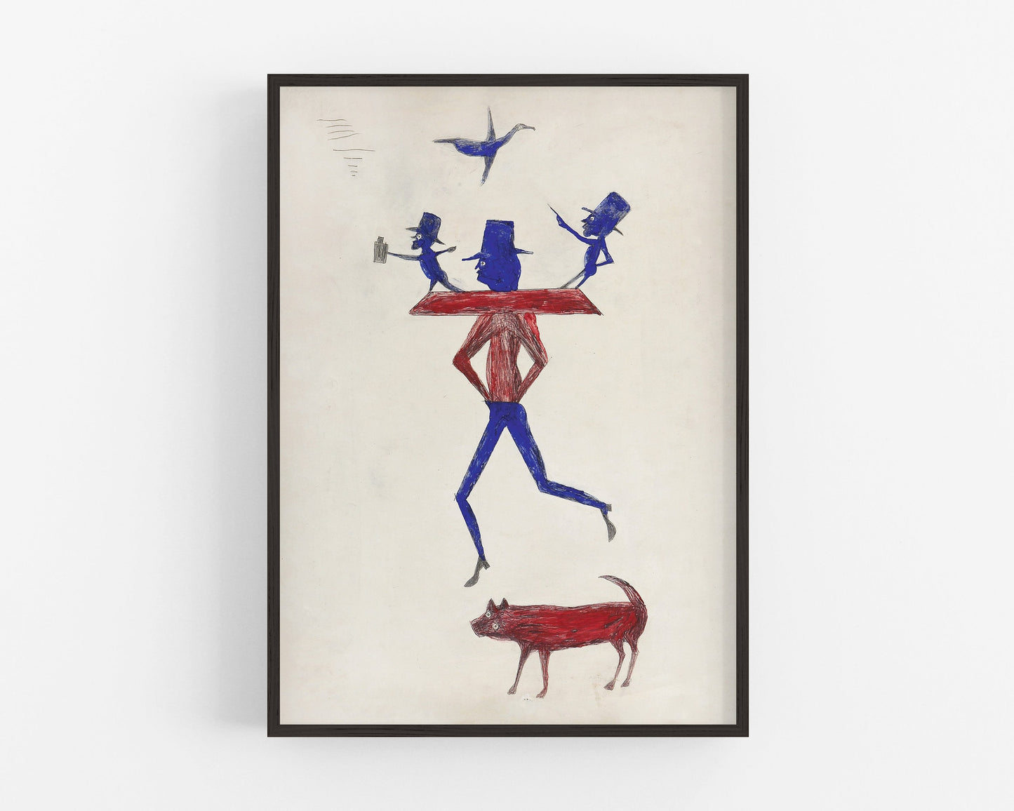 Bill Traylor Americana art | Man with yoke, bird and dog | Animal folk art | African American self-taught artist | Modern vintage wall décor