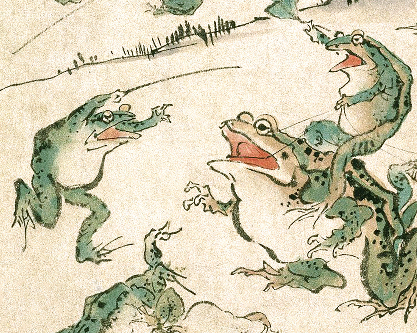 Vintage frog art | Battle of the frogs | Kawanabe Kyosai sketch | 19th century Asian art | Water, swamp animal | Modern vintage décor