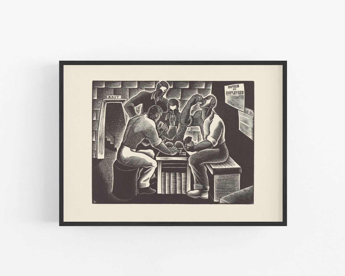 Men playing cards over lunch break | Noon game | African American art | Vintage wood cut | Living, game, work room decor | Eco-friendly gift