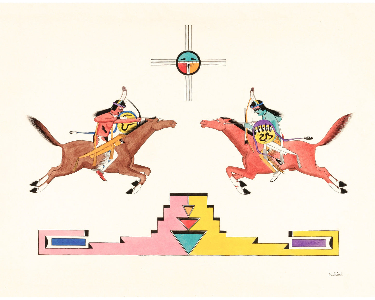 Vintage Indigenous art print | Awa Tsireh | Mounted warriors | Native American wall art | Southwest style painting | Modern vintage decor