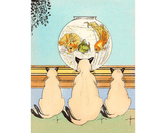 3 cats watching fish | Vintage cat art | Retro book illustration | Siamese cats & aquarium print | Animal wall art | Modern vintage décor