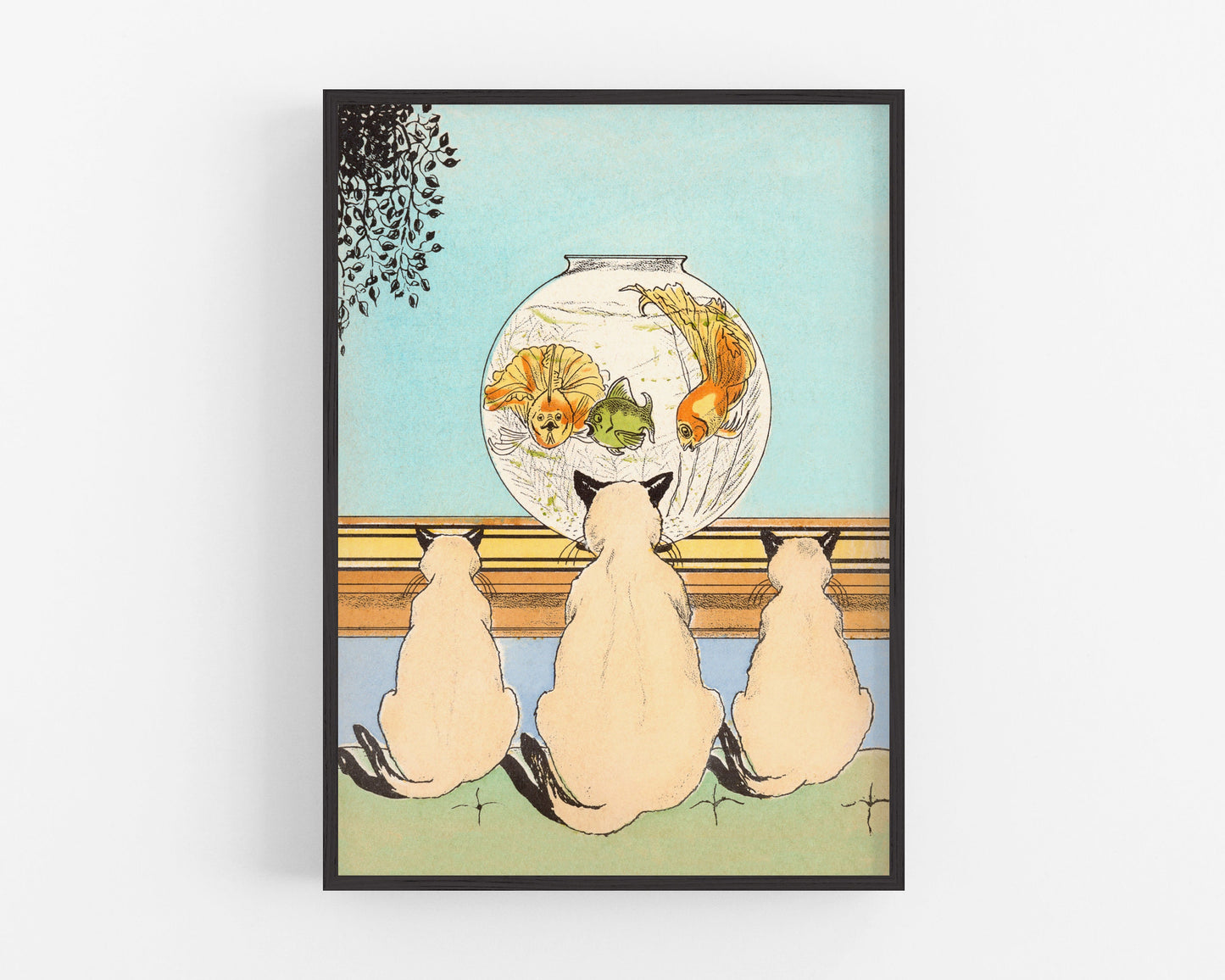 3 cats watching fish | Vintage cat art | Retro book illustration | Siamese cats & aquarium print | Animal wall art | Modern vintage décor