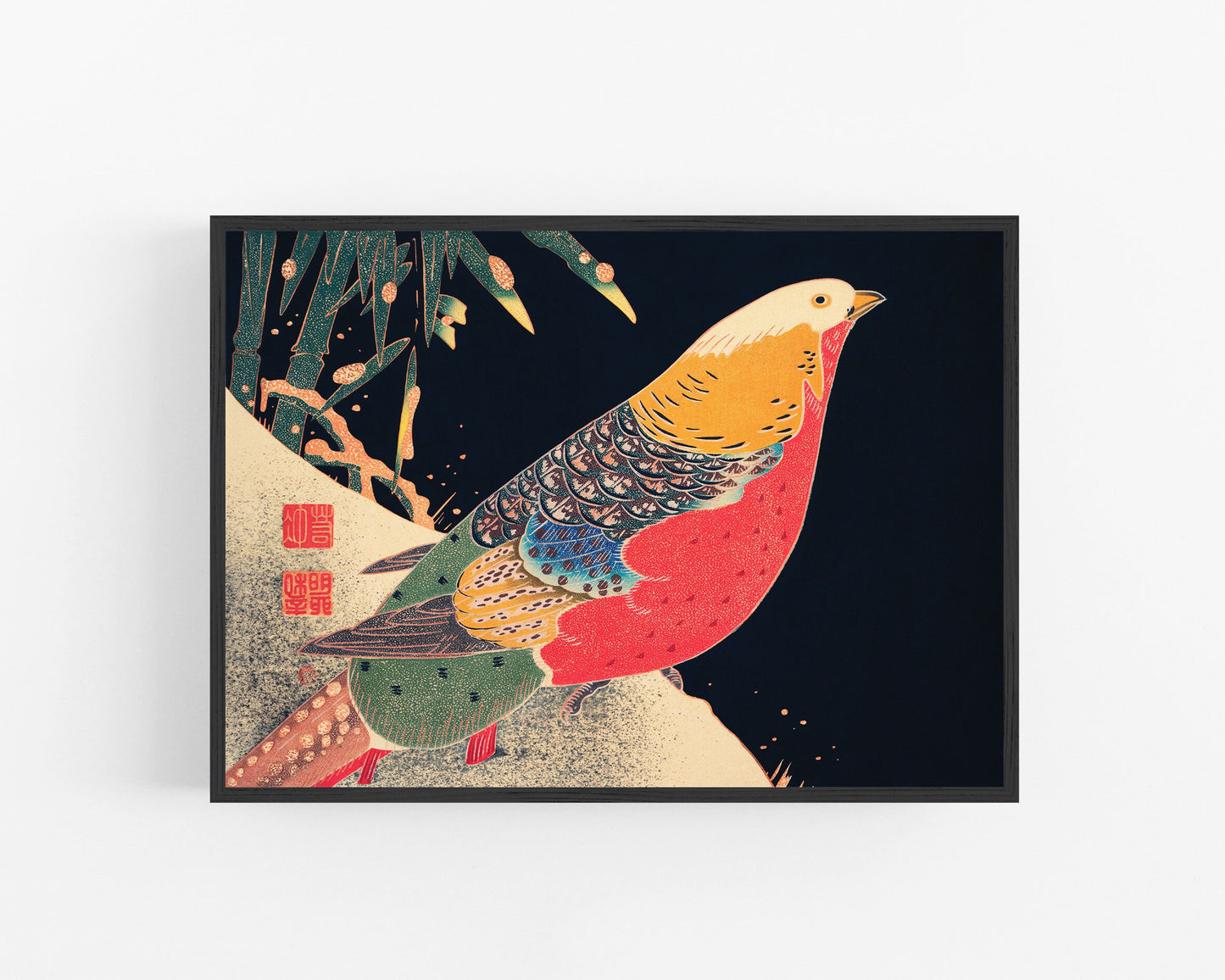 Colorful bird print | Golden pheasant in the snow | Ito Jakuchu | Vintage natural History print | Animal wall art | Modern vintage décor