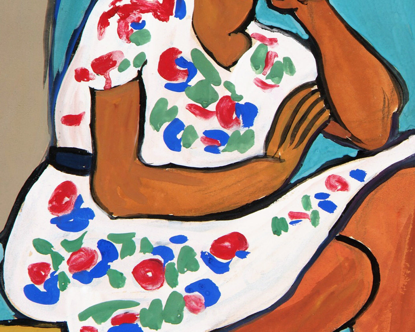 Woman in a flowered dress portrait | Vintage African American folk art | Black artist | Primitive Americana wall art | Person of color art