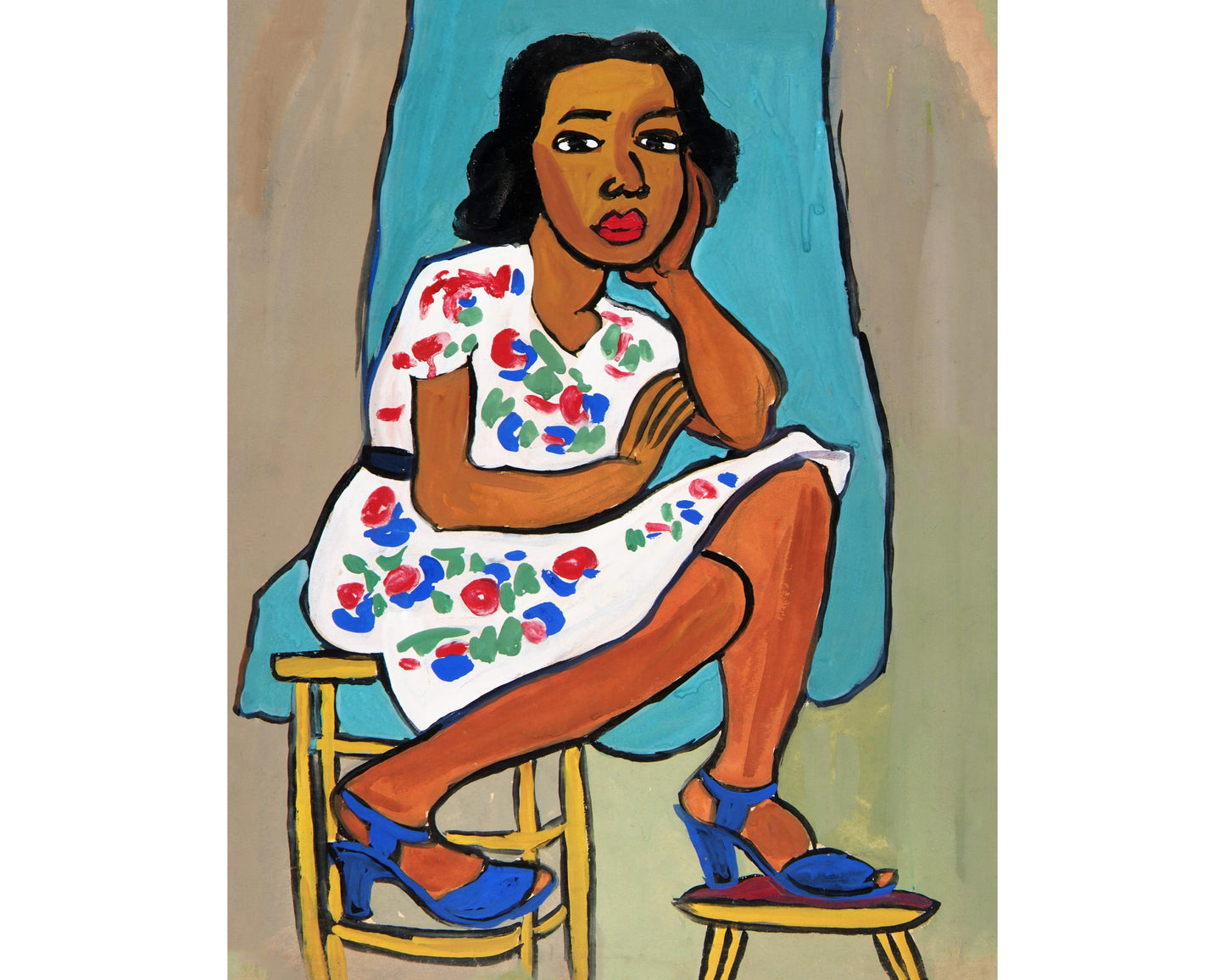 Woman in a flowered dress portrait | Vintage African American folk art | Black artist | Primitive Americana wall art | Person of color art