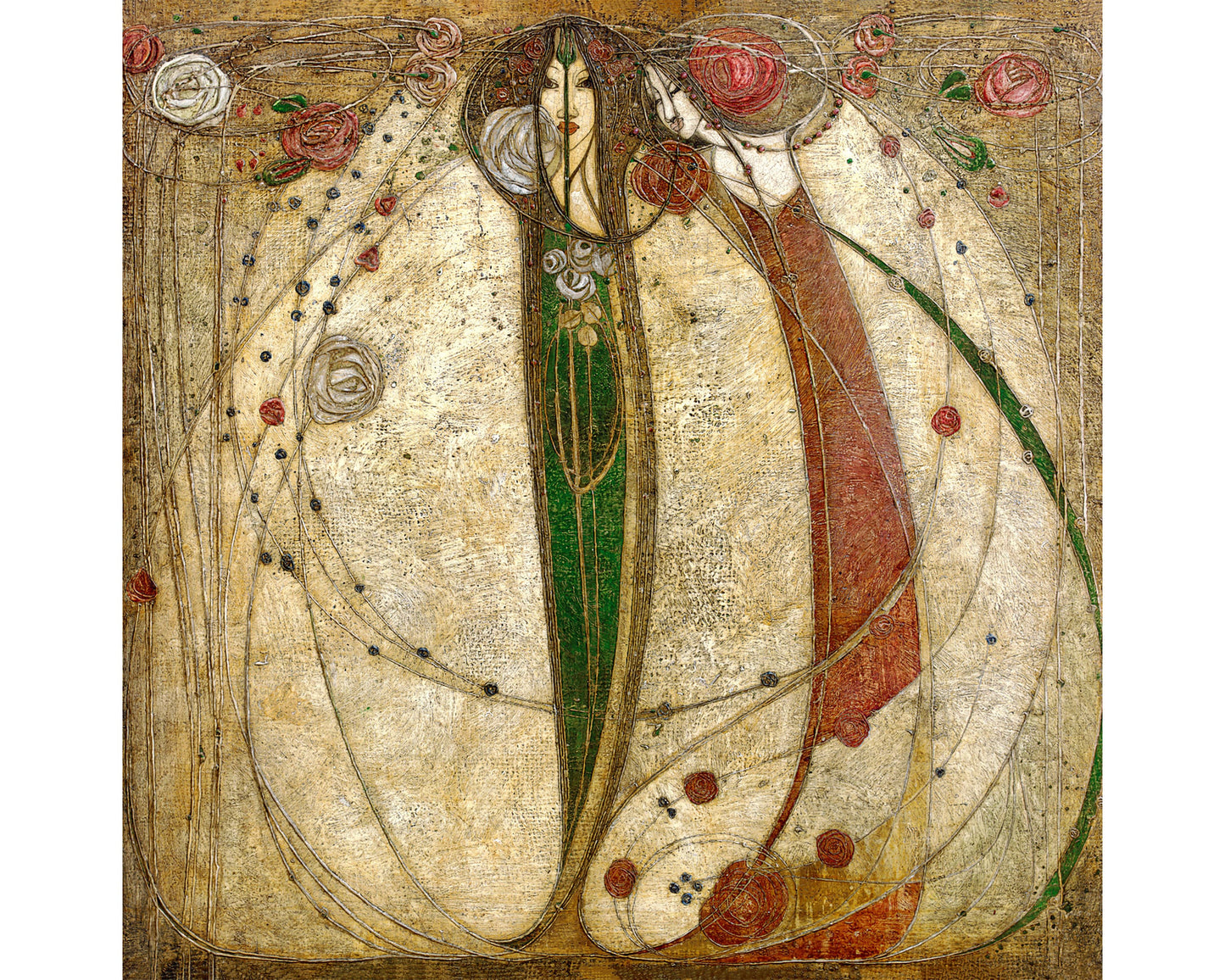 Two women as flowers print | White rose and red rose painting |  Art nouveau wall art | Margaret MacDonald Mackintosh | Female artist