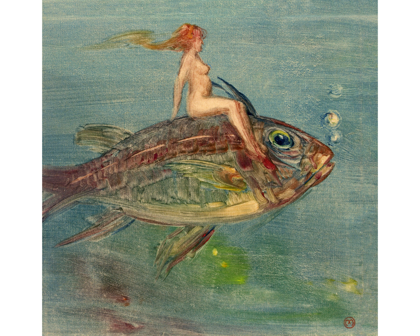 Woman riding a fish print | Valkyrie of the sea | Nude female painting | Nordic mythology wall art | Mexican artist | Xavier Martinez