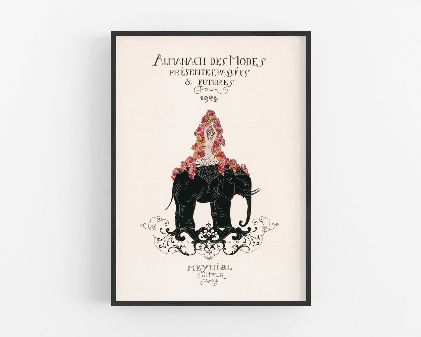 Vintage French fashion plate | Woman on an elephant with flowers | Nude form | Art deco wall art