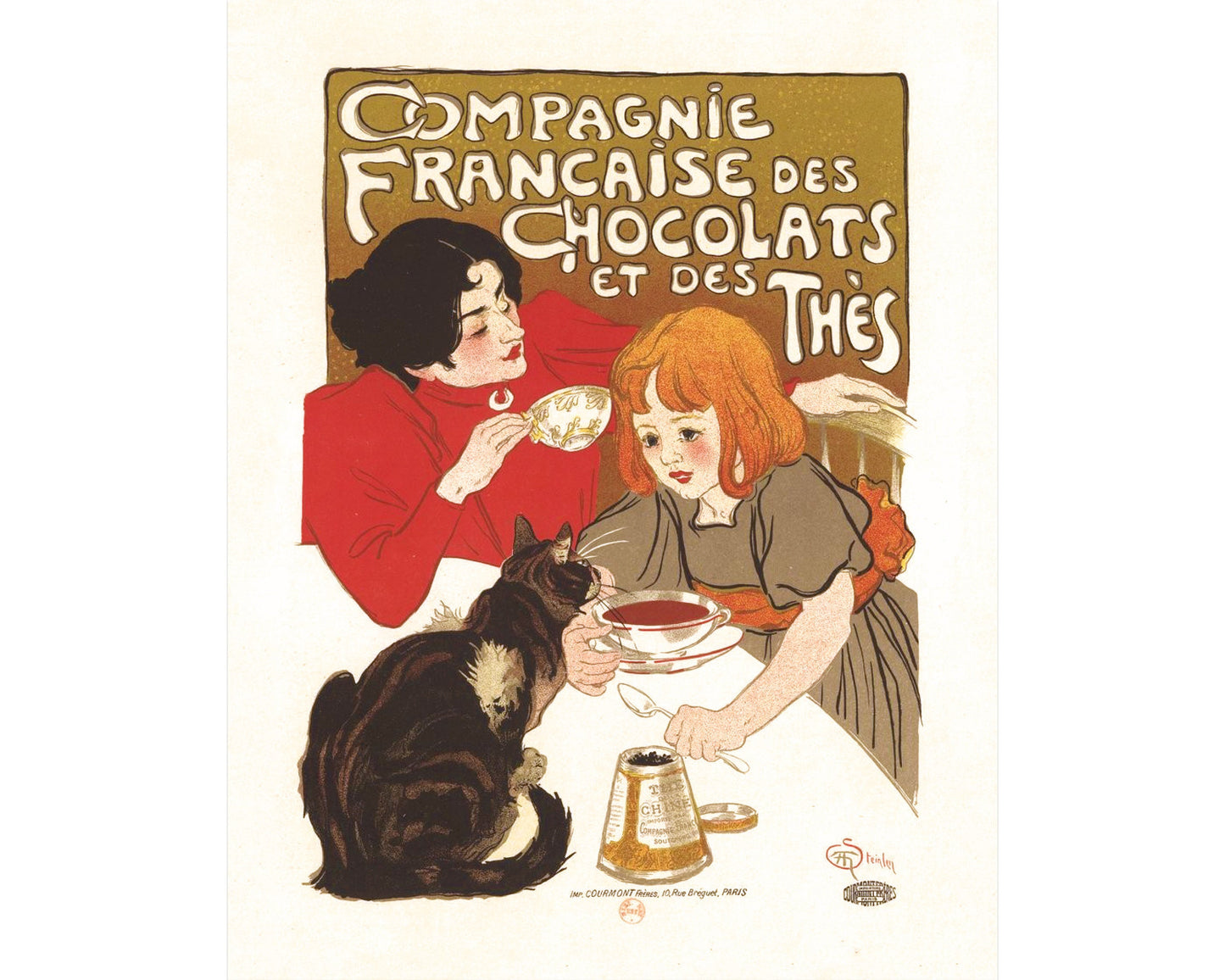 French chocolate & tea advertisement | Vintage woman, girl and cat | Theophile Steinlen print | Kitchen and cafe wall art | Antique food ad