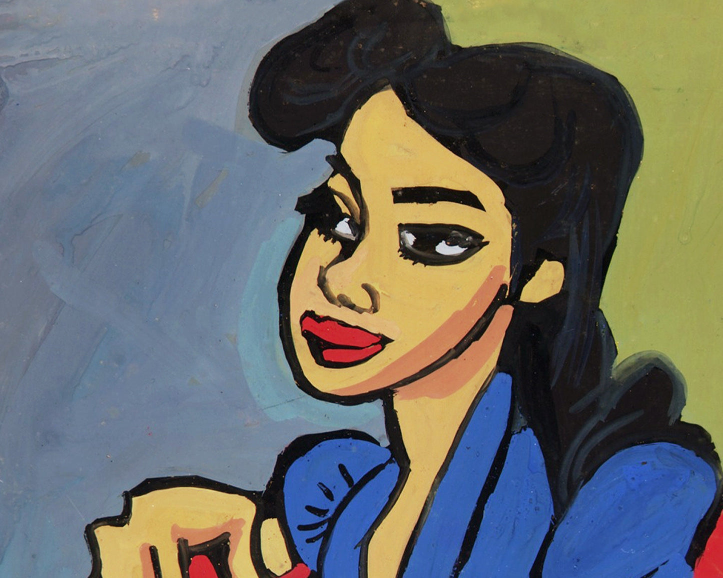 Woman in blue dress portrait | Vintage African American folk art | Black artist | Primitive Americana wall art | Person of color art